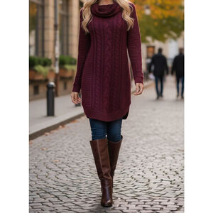 Ardene Burgundy Cable Knit Cowl Neck Tunic Sweater Women's M